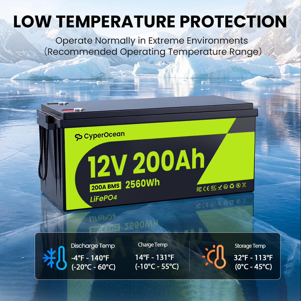 CyperOcean 12V 200Ah LiFePO4 Battery with 200A BMS & Low-Temp Cutoff | Deep Cycle Lithium Battery