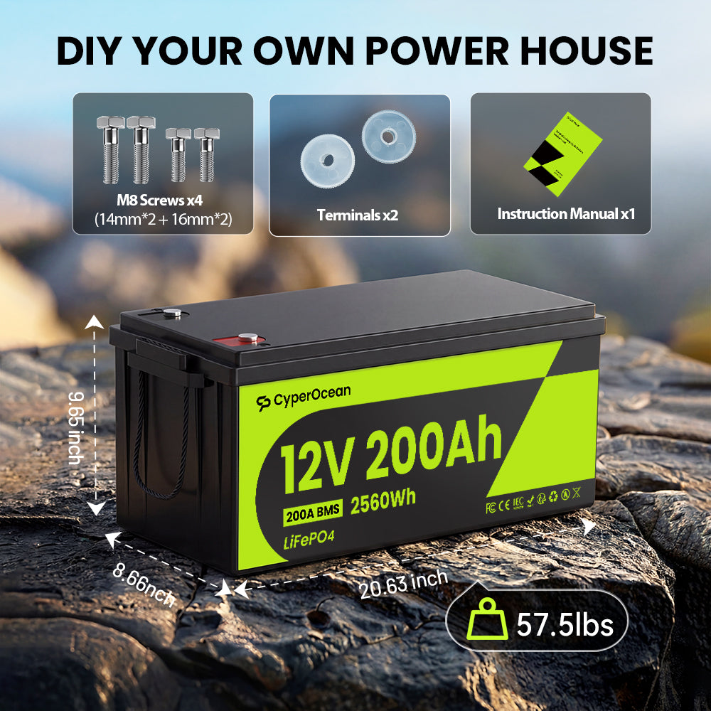 CyperOcean 12V 200Ah LiFePO4 Battery with 200A BMS & Low-Temp Cutoff | Deep Cycle Lithium Battery