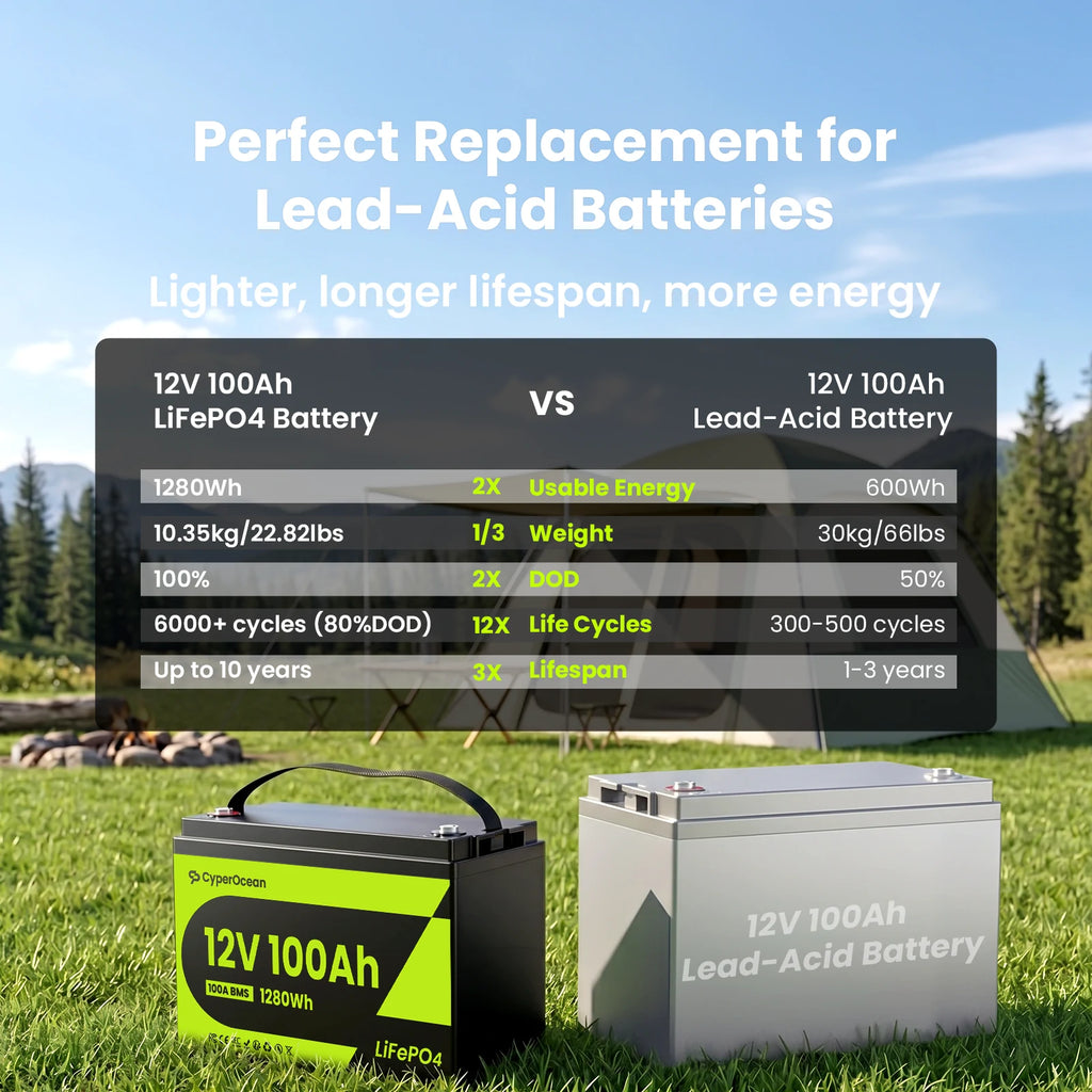CyperOcean 12V 100Ah LiFePO4 Battery, Group 31, 20.5 lbs Ultra-Lightweight, 100A BMS