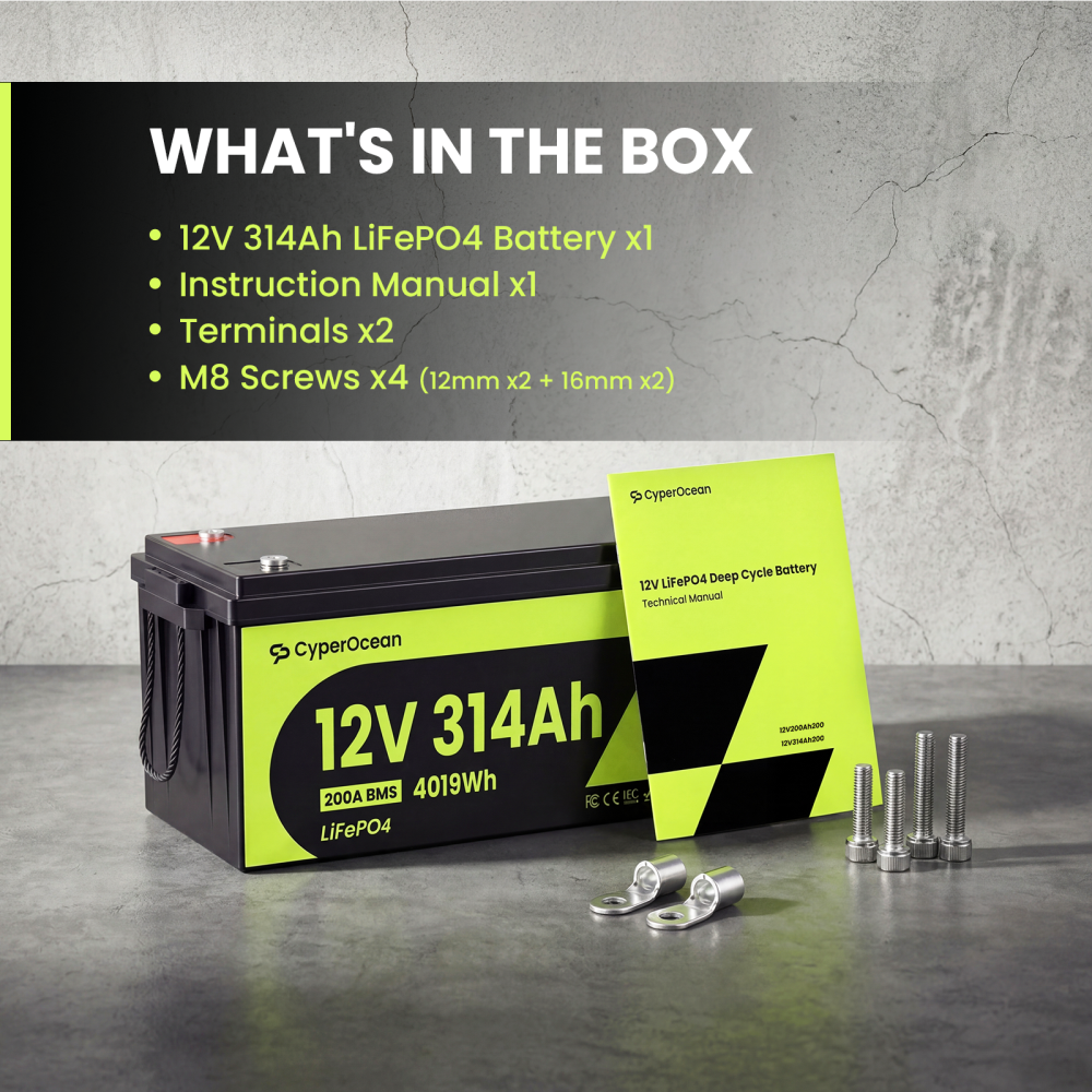 CyperOcean 12V 314Ah Group 8D LiFePO4 Battery | 200A BMS Deep Cycle Lithium Battery with Low-Temp Cutoff for RV, Solar & Marine