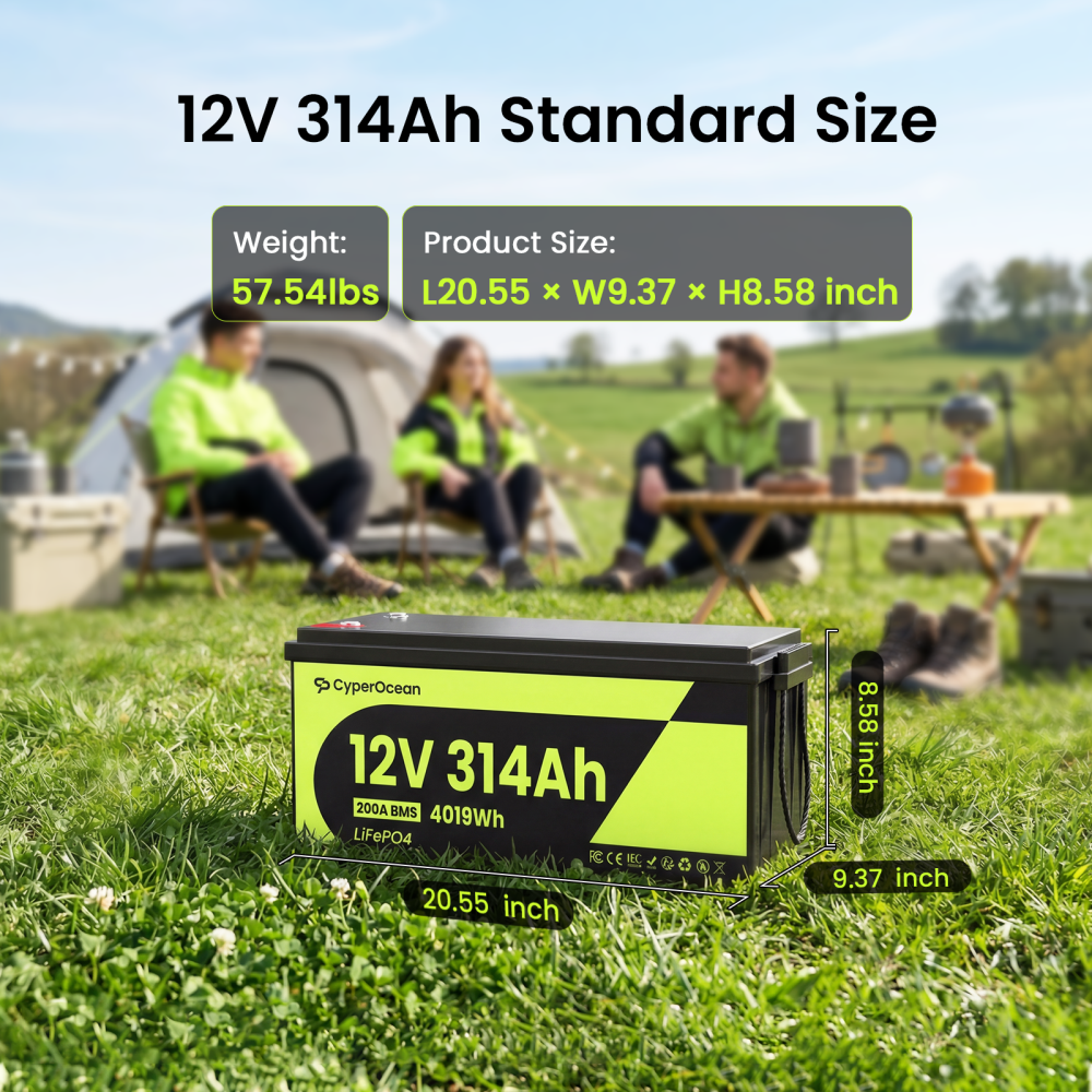 CyperOcean 12V 314Ah Group 8D LiFePO4 Battery | 200A BMS Deep Cycle Lithium Battery with Low-Temp Cutoff for RV, Solar & Marine