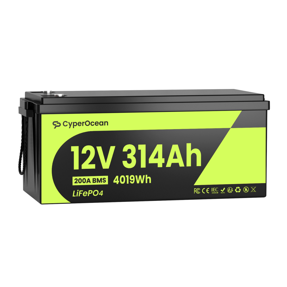 CyperOcean 12V 314Ah Group 8D LiFePO4 Battery | 200A BMS Deep Cycle Lithium Battery with Low-Temp Cutoff for RV, Solar & Marine
